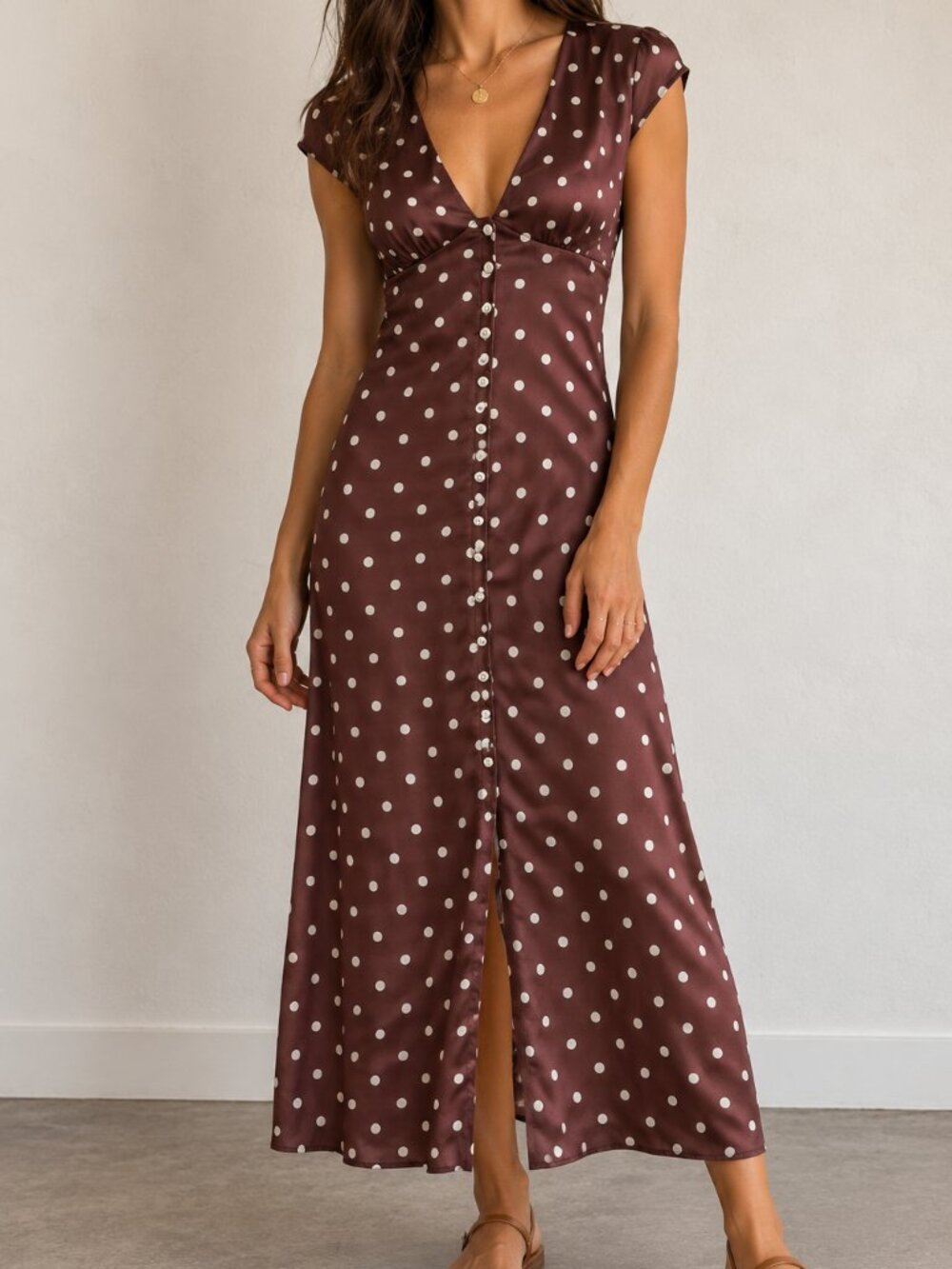 Lucky Brand Brown Polka Dot Button Front Maxi Dress Size M
